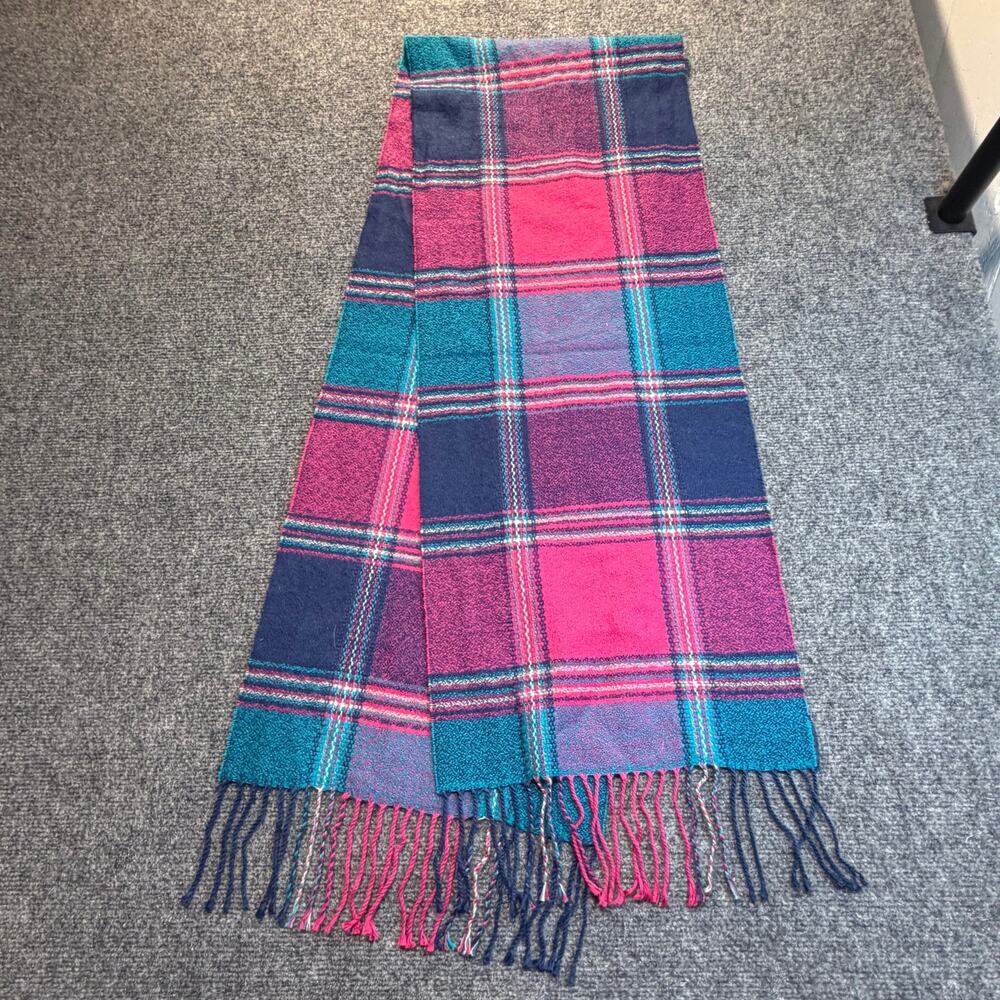 100% Cashmere Scarf Made In Scotland Pink Blue Plaid Tartan Fringe Winter Wrap
